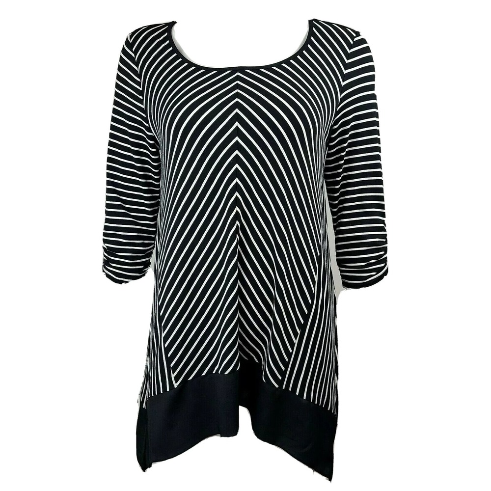 Chicos Top Size 0 Womens Small Black White Striped 3/4 Sleeve Nautical Travel